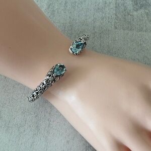 Annika Witt Bali Sterling Silver 925 Blue Topaz Open Cuff Filigree ID Bracelet